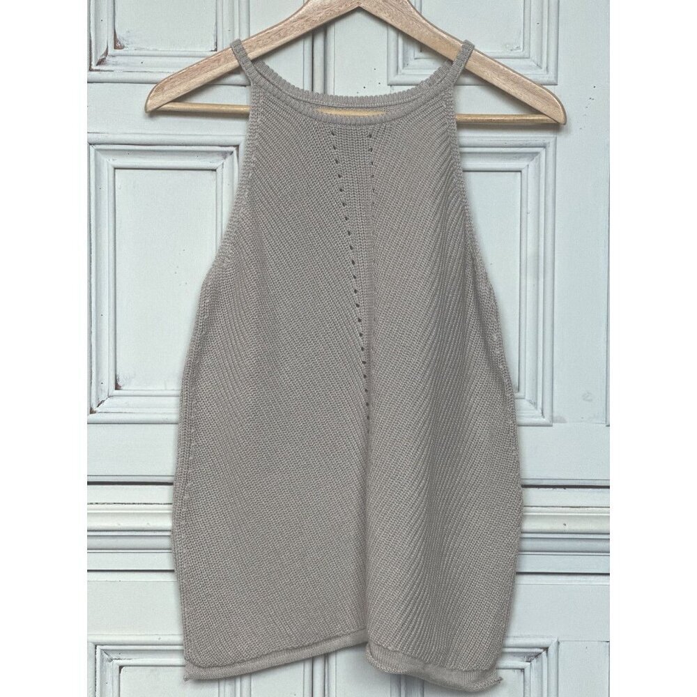 Women's S Scoop Neck Knit Tank Top Casual Loose Sleeveless Split Sides Taupe - Picture 2 of 11